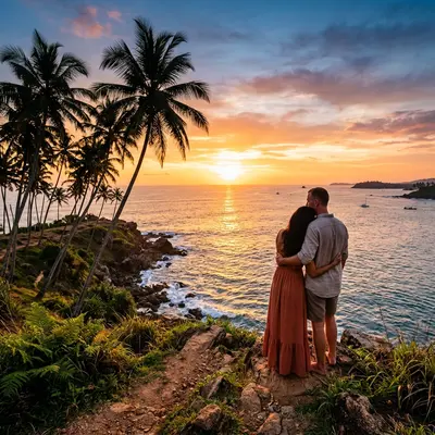 Couple watching sunset from a Sri Lankan clifftop