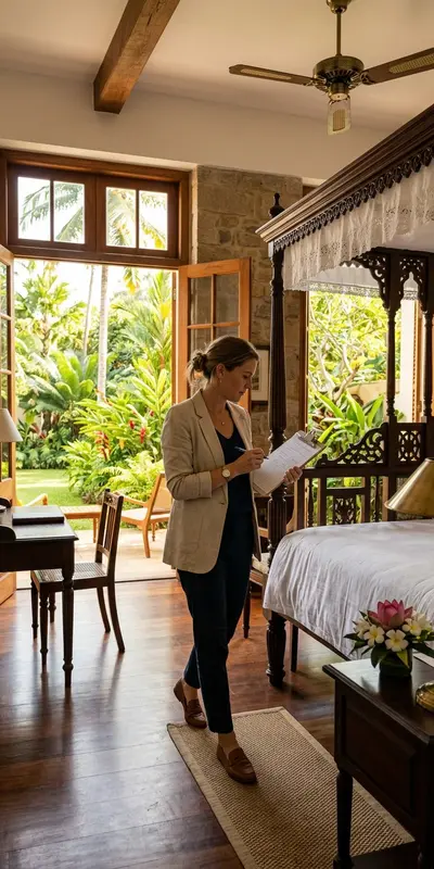 Travel specialist inspecting a boutique Sri Lankan hotel