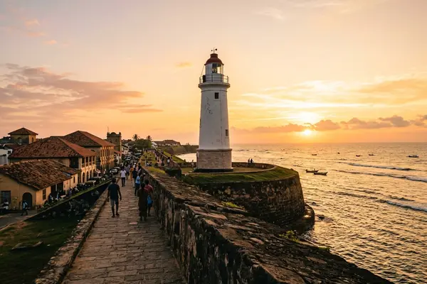Galle Fort lighthouse on the ramparts at sunset