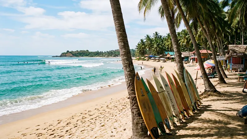 Arugam Bay beach in Sri Lanka with turquoise water and golden sand
