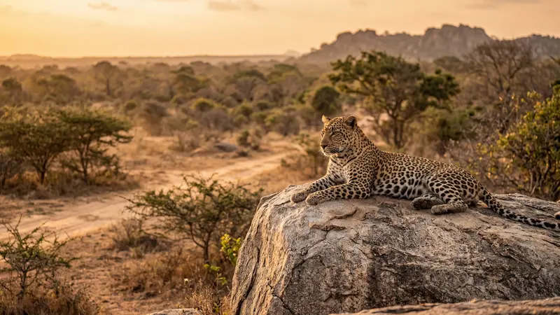 Leopard resting on a rock in Yala National Park at golden hour