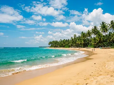 Bentota beach with golden sand, turquoise water and palm trees