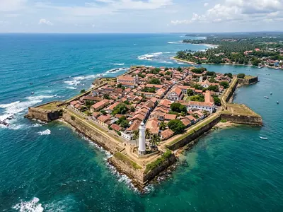 Aerial view of Galle Fort with lighthouse and Indian Ocean