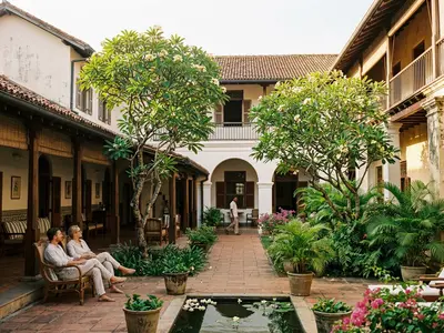 Amangalla hotel courtyard in Galle Fort with frangipani trees