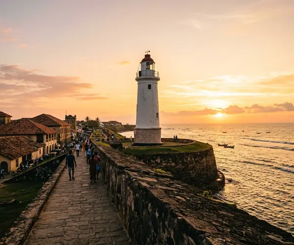 Galle Fort lighthouse on the ramparts at sunset