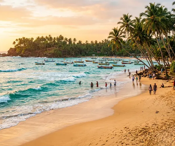 Mirissa beach at golden hour with palm trees and turquoise water