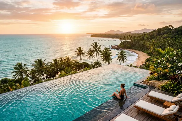 Luxury infinity pool overlooking the Sri Lankan coastline at golden hour