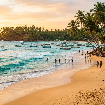 Mirissa beach at golden hour with palm trees and turquoise water